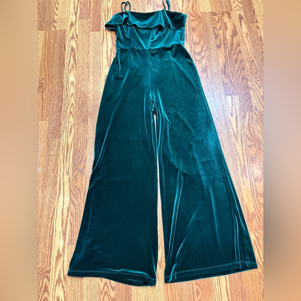Corylynn Colter Anthropologie Emerald Green Velvet Wide Leg Jumpsuit Medium‎ - Picture 4 of 10